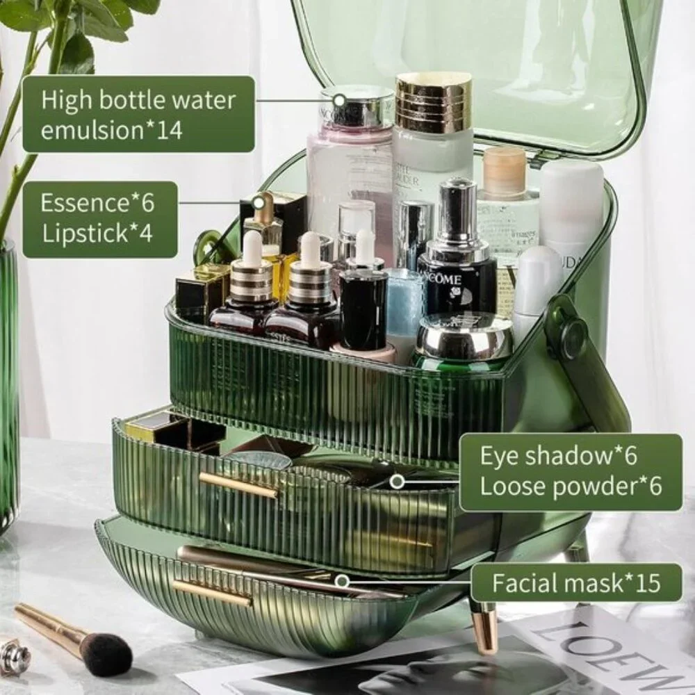 New Large Makeup Organizer, 2-Drawer Skincare Storage with Clear Lid - (Green)